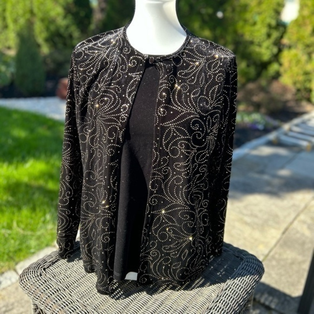 Vintage Notations black & gold velvet cardigan with gold sparkle swirling design